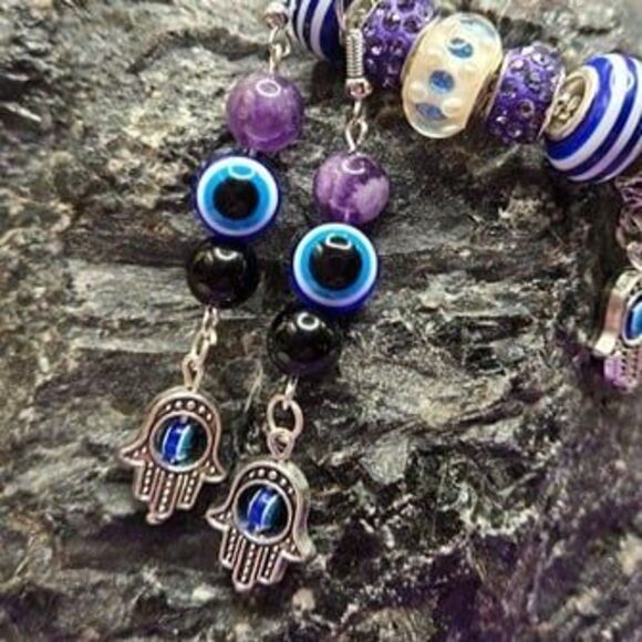 Hamsa Hand Evil Eye Gemstone Charm Earrings & Bracelet Set - Picture 2 of 10